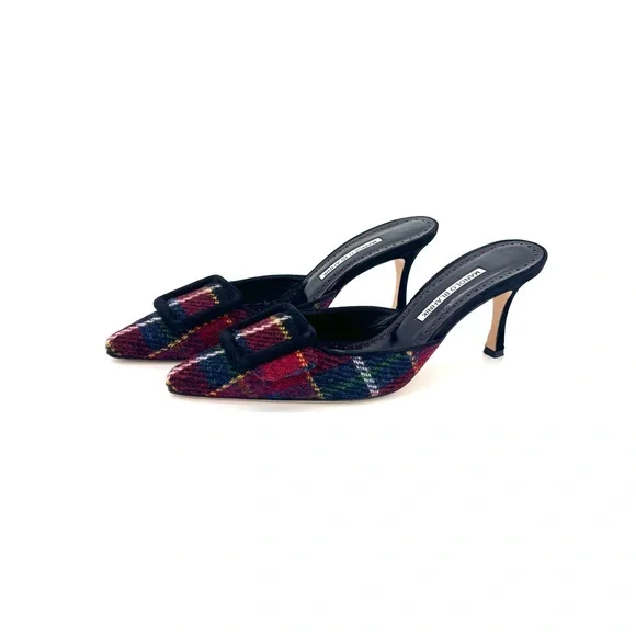Manolo Blahnik Maysale Plaid Tweed Slip On Kitten Heel Mules 39.5 - Picture 1 of 10